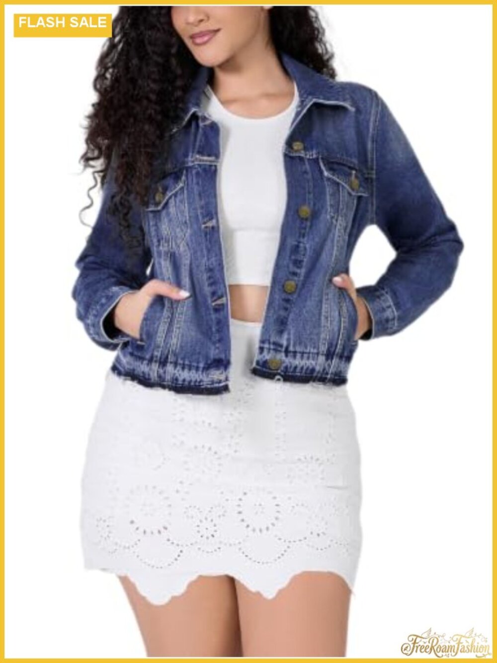 Women's Cropped Denim Jacket Lapel Raw Fringe Hem Long Sleeve Button